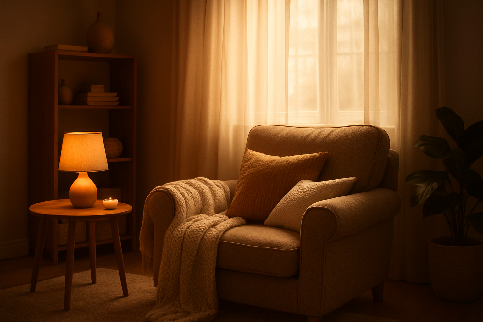 A calm, cozy, safe space with warm lighting — your sanctuary